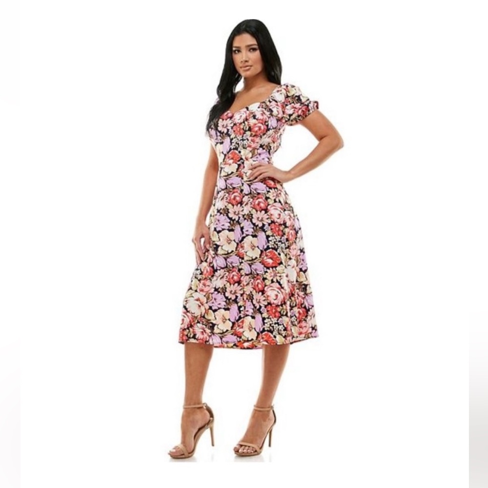 Floral Midi Dress Sweetheart Neckline & Open Back
